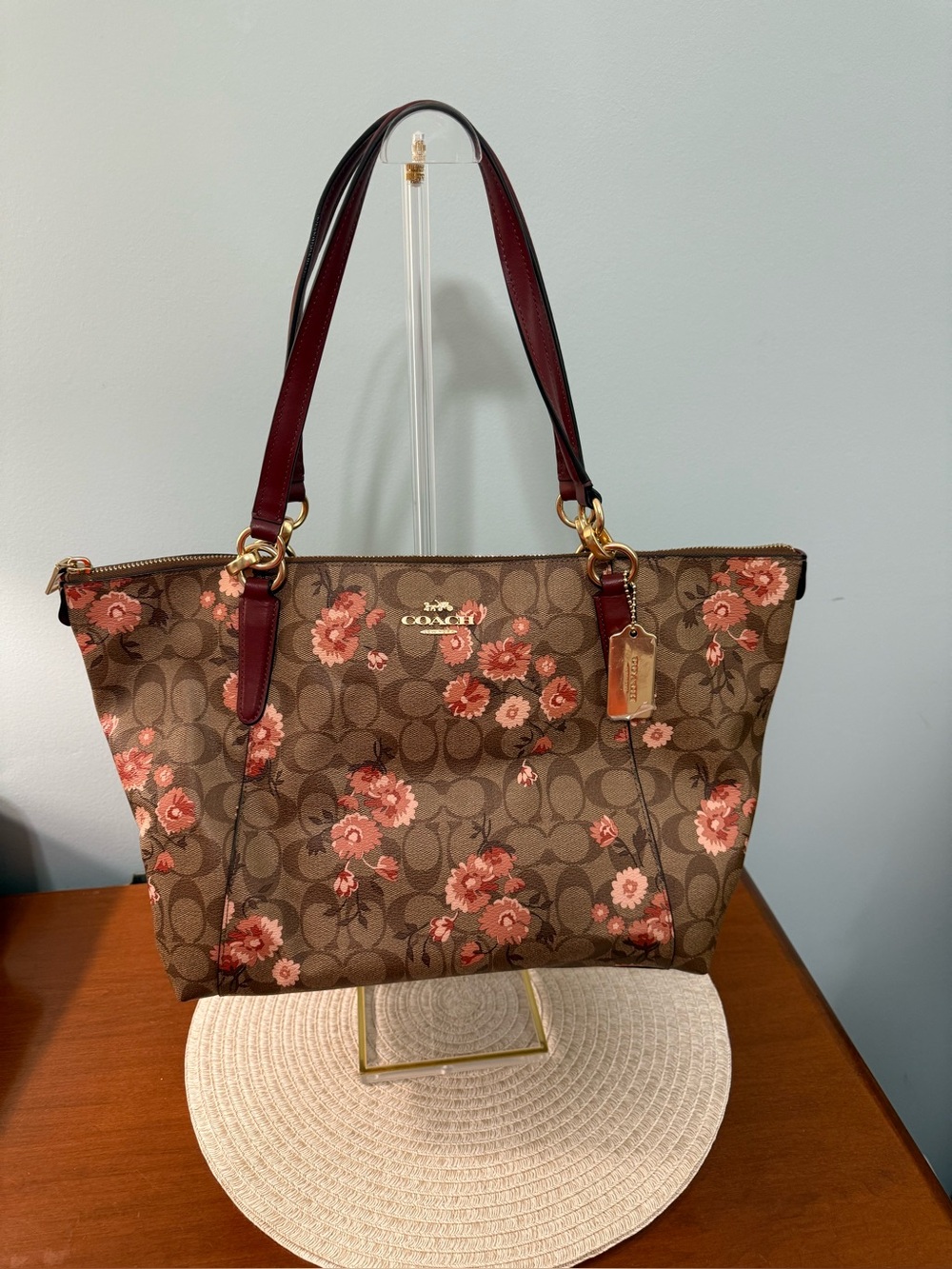 Coach Ava Floral Tote with Burgundy Handles and Gold Hardware